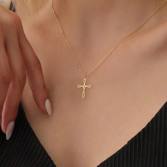 Gold Cross Pendant Necklace, Dainty Loop Design - Picture 3 of 6